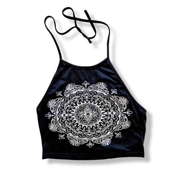 Tops - Black halter tie kite crop top with white mandala screen print on front.